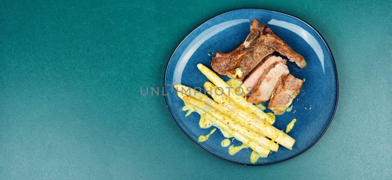 Fried meat steak and garnish of asparagus. BBQ. Close up.