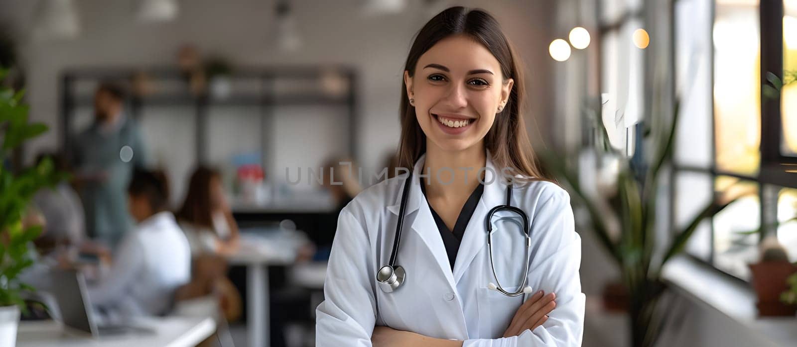 Beautiful smiling female doctor sit at workplace. Doctor woman with stethoscope isolated on office background.