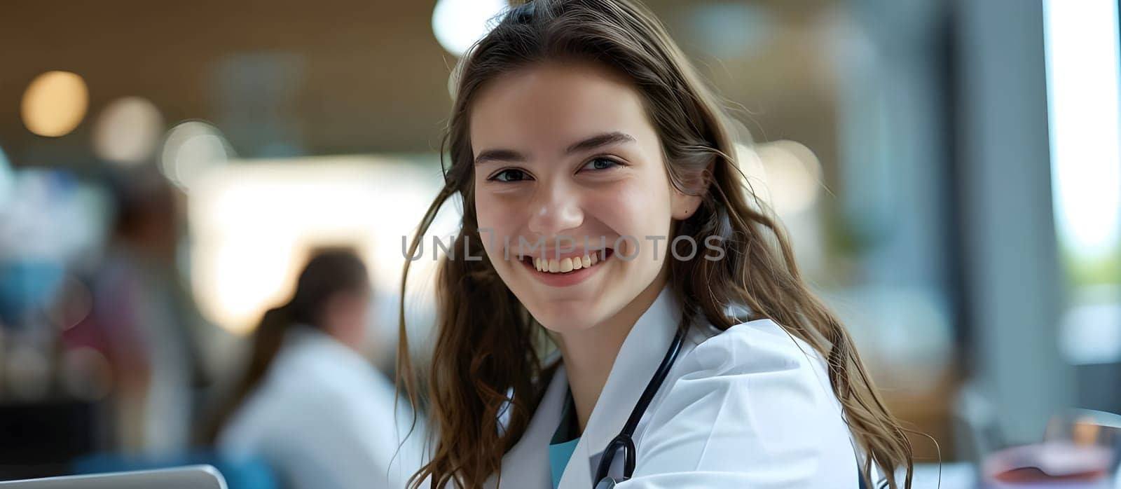 Medical concept of beautiful female doctor in white coat with stethoscope, waist up. Woman hospital worker looking at camera and smiling office background.