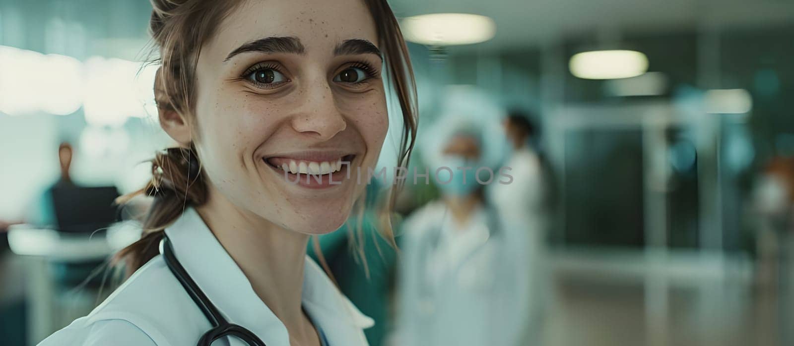 A woman doctor smiling standing in her clinic. Woman hospital worker looking at camera and smiling office background.