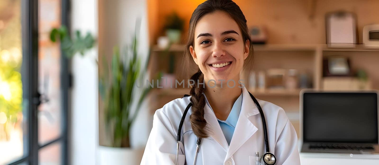 Image of confident female doctor, intern with medical robe, looking confident at camera. Professional doctor at the hospital. Medical healthcare business and doctor service.