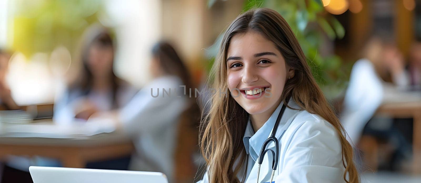 Young female doctor on modern clinic background. Medical concept of beautiful female doctor in white coat with stethoscope.