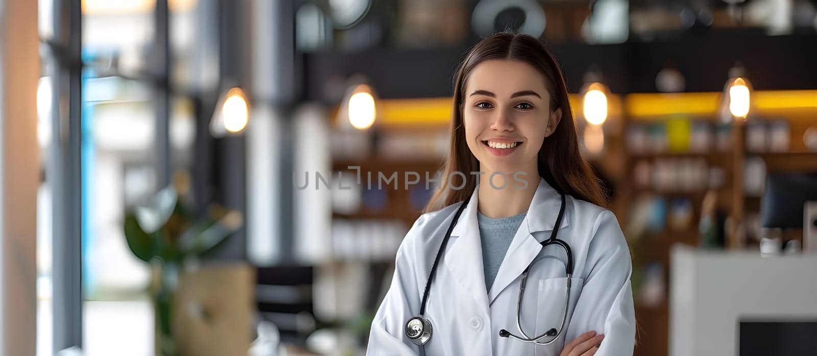 Professional doctor at the hospital. Medical healthcare business and doctor service. Young female doctor on modern clinic background.