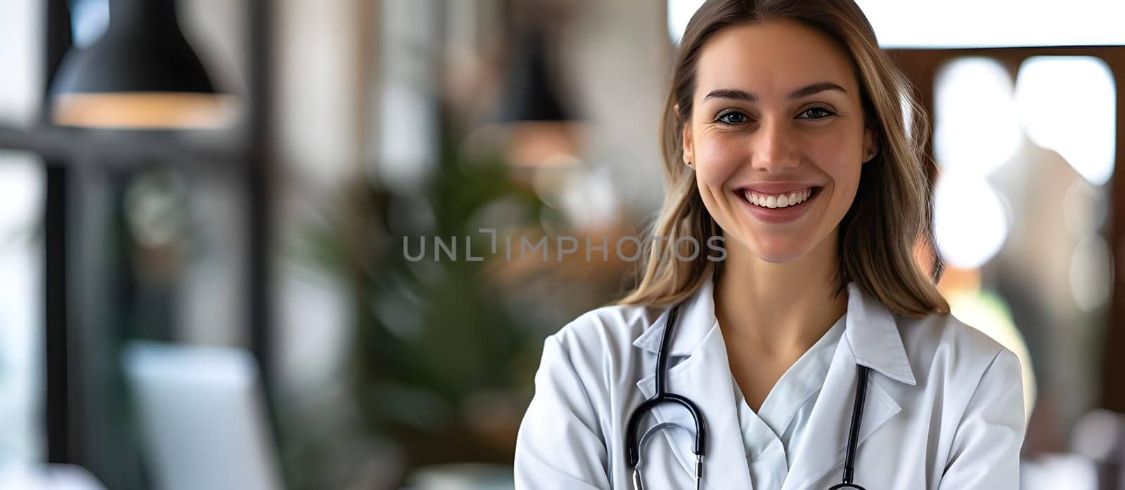 Medical concept of beautiful female doctor in white coat with stethoscope. Young female doctor on modern clinic background.