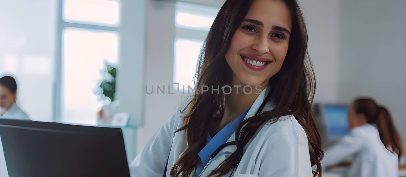 Portrait of a young female doctor smile in a medical office. Young female doctor on modern clinic background.