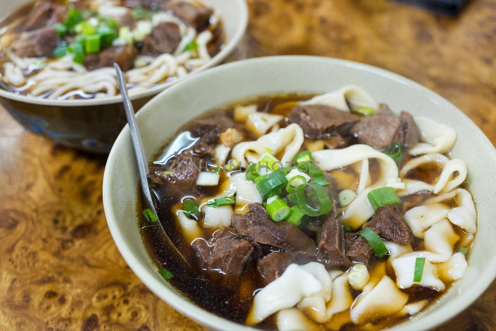 Spicy red soup beef noodle in a bowl
