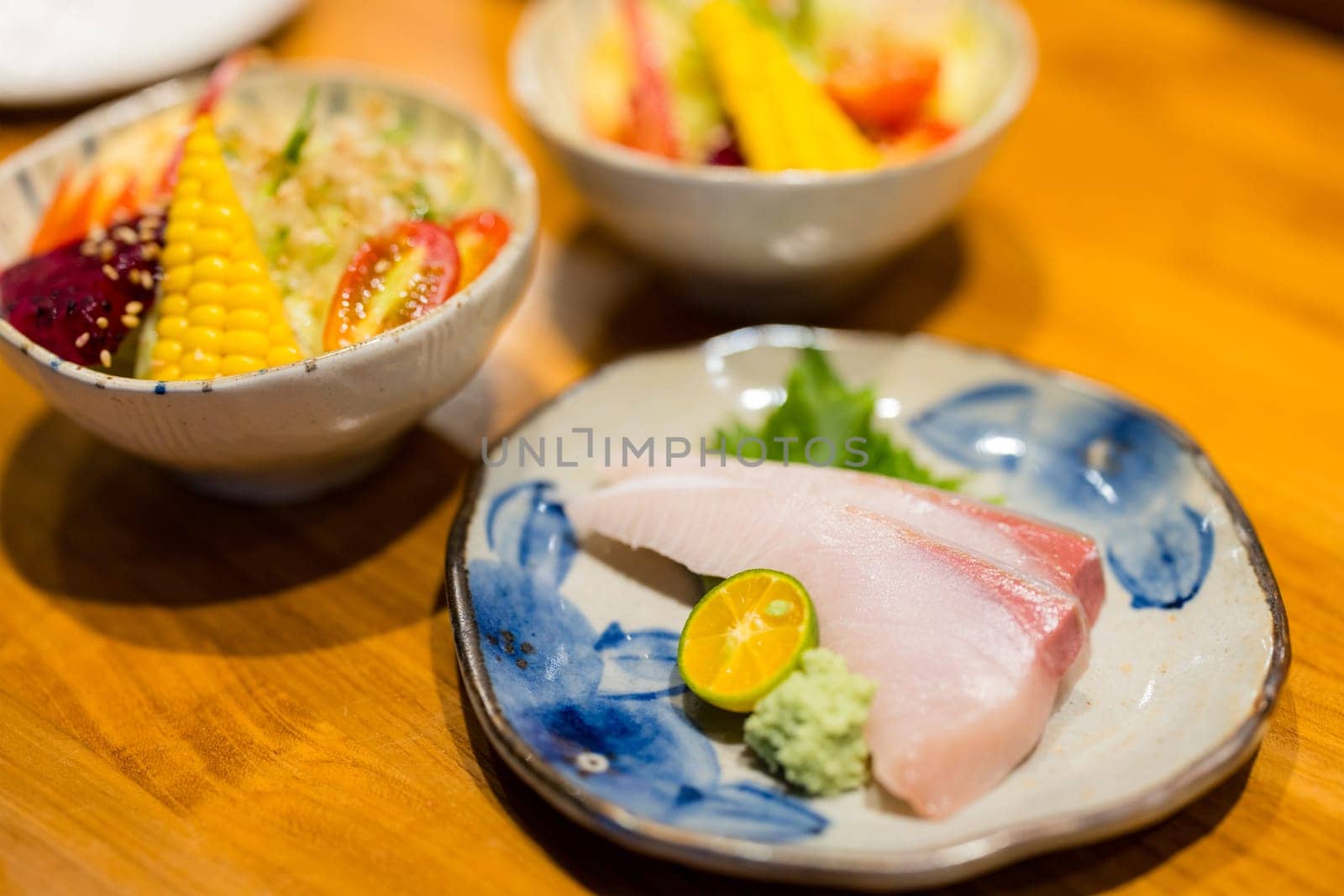Slice of the sashimi fish in the Japanese restaurant