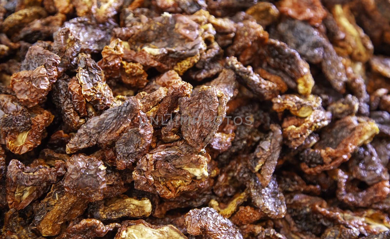 Detail of dried vegetables in a market, spicy seasoning
