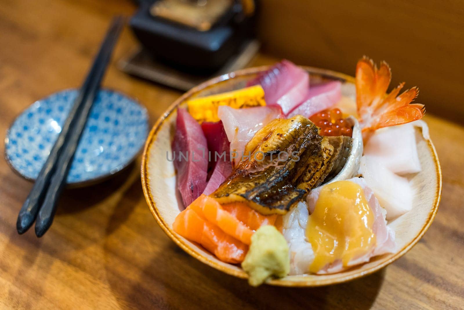 Assorted sashimi rice don in Japanese restaurant
