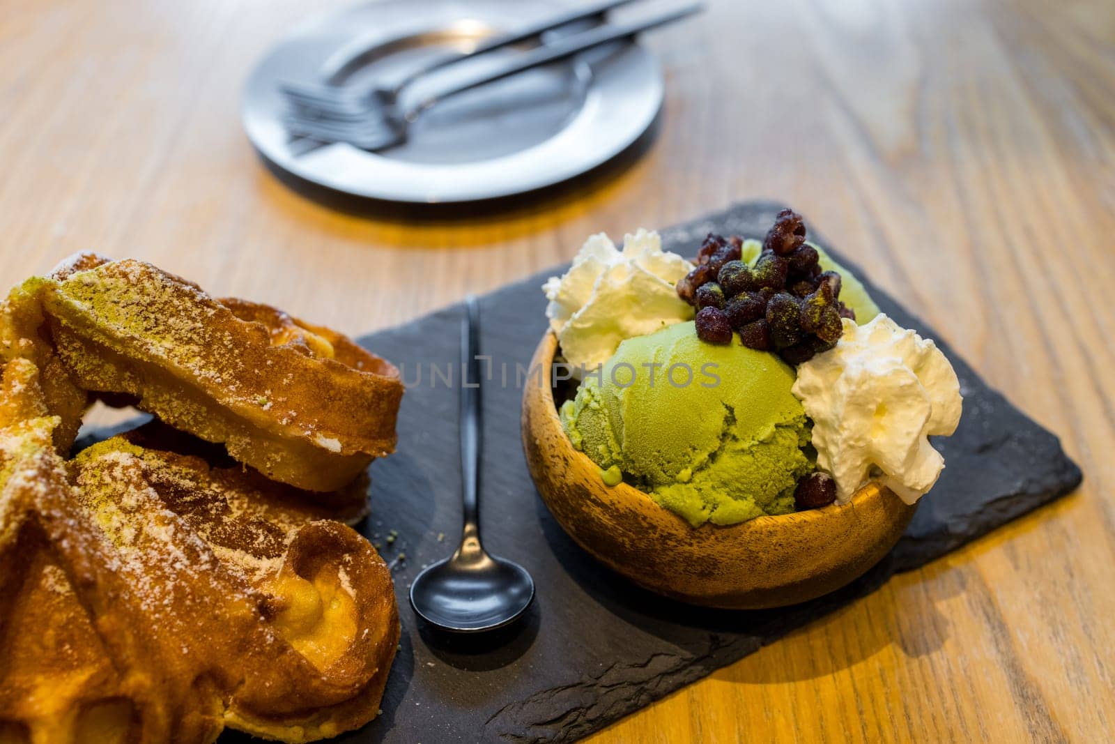 Waffle with green tea iced cream