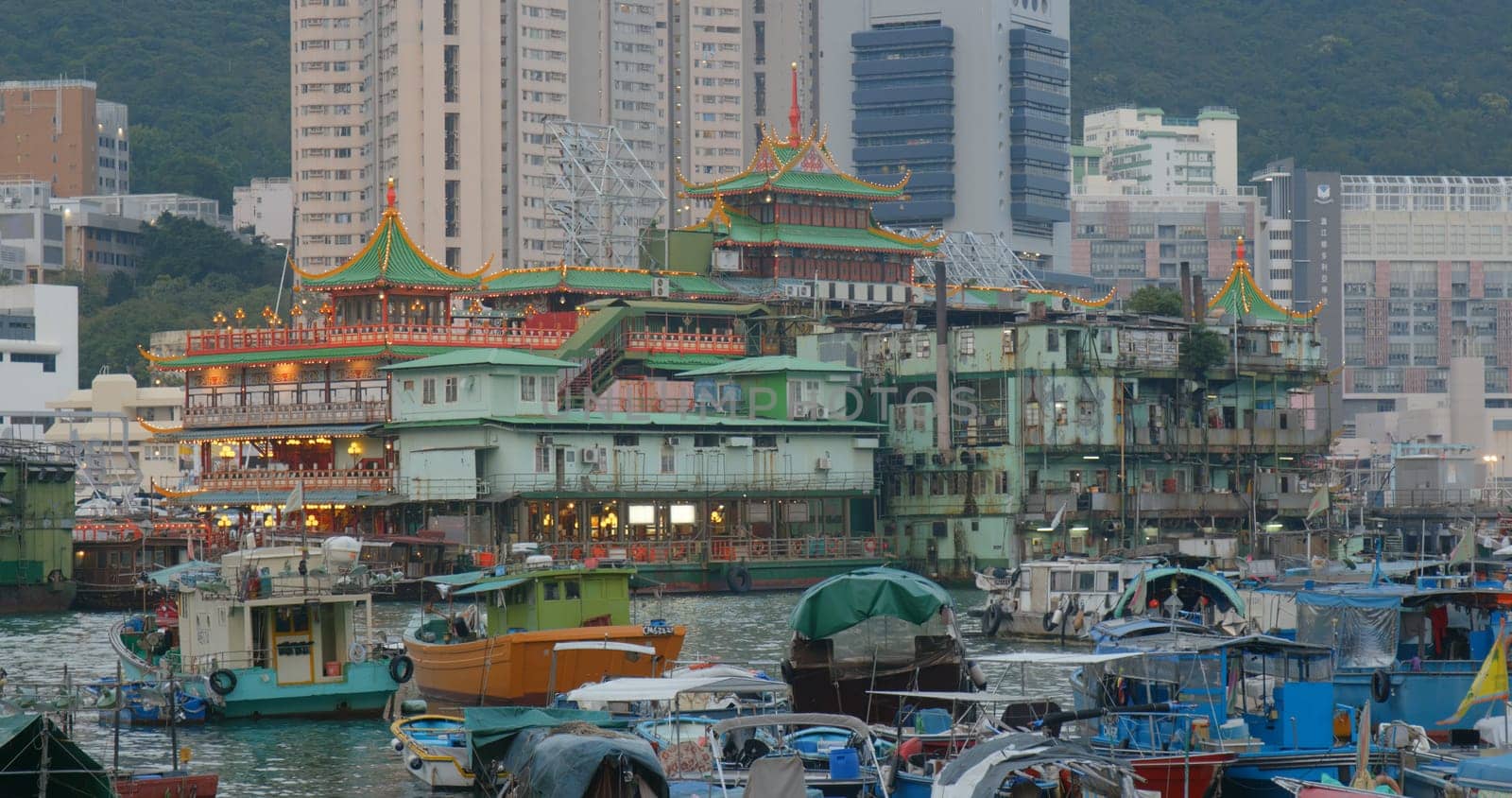 Aberdeen, Hong Kong 12 May 2019: Hong Kong fishing harbor port in the evening