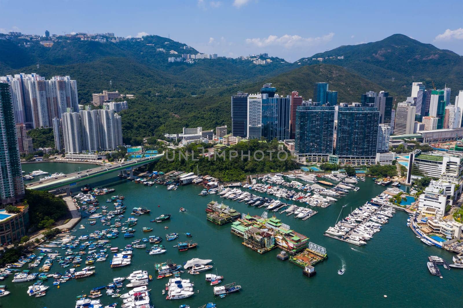 Aberdeen, Hong Kong 24 August 2020: Drone fly over Hong Kong typhoon shelter in aberdeen