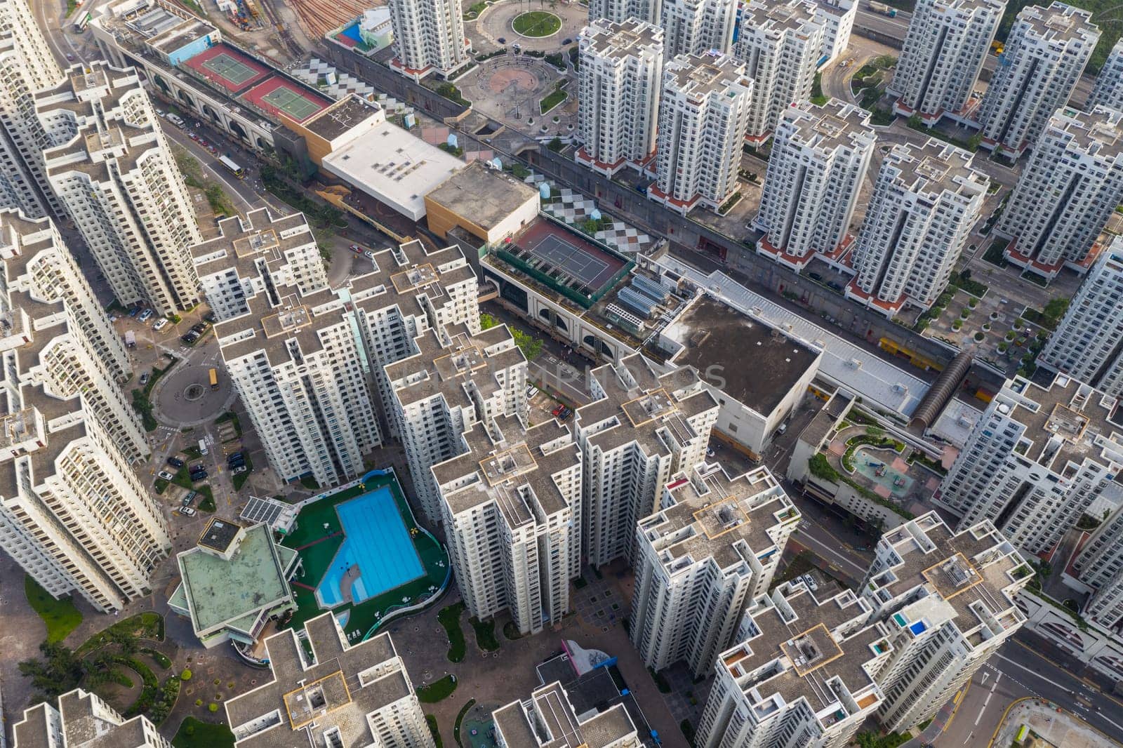 Chai Wan, Hong Kong 22 May 2019: Top view of Hong Kong apartment building