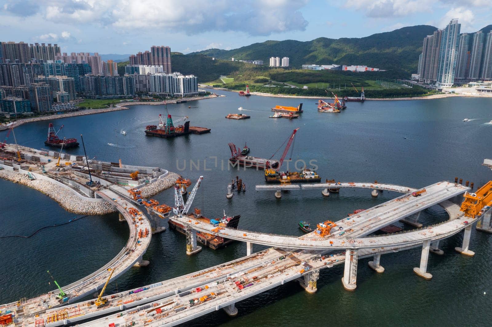 Tseung Kwan O,  Hong Kong 07 August 2021: Drone fly over the bridge under construction