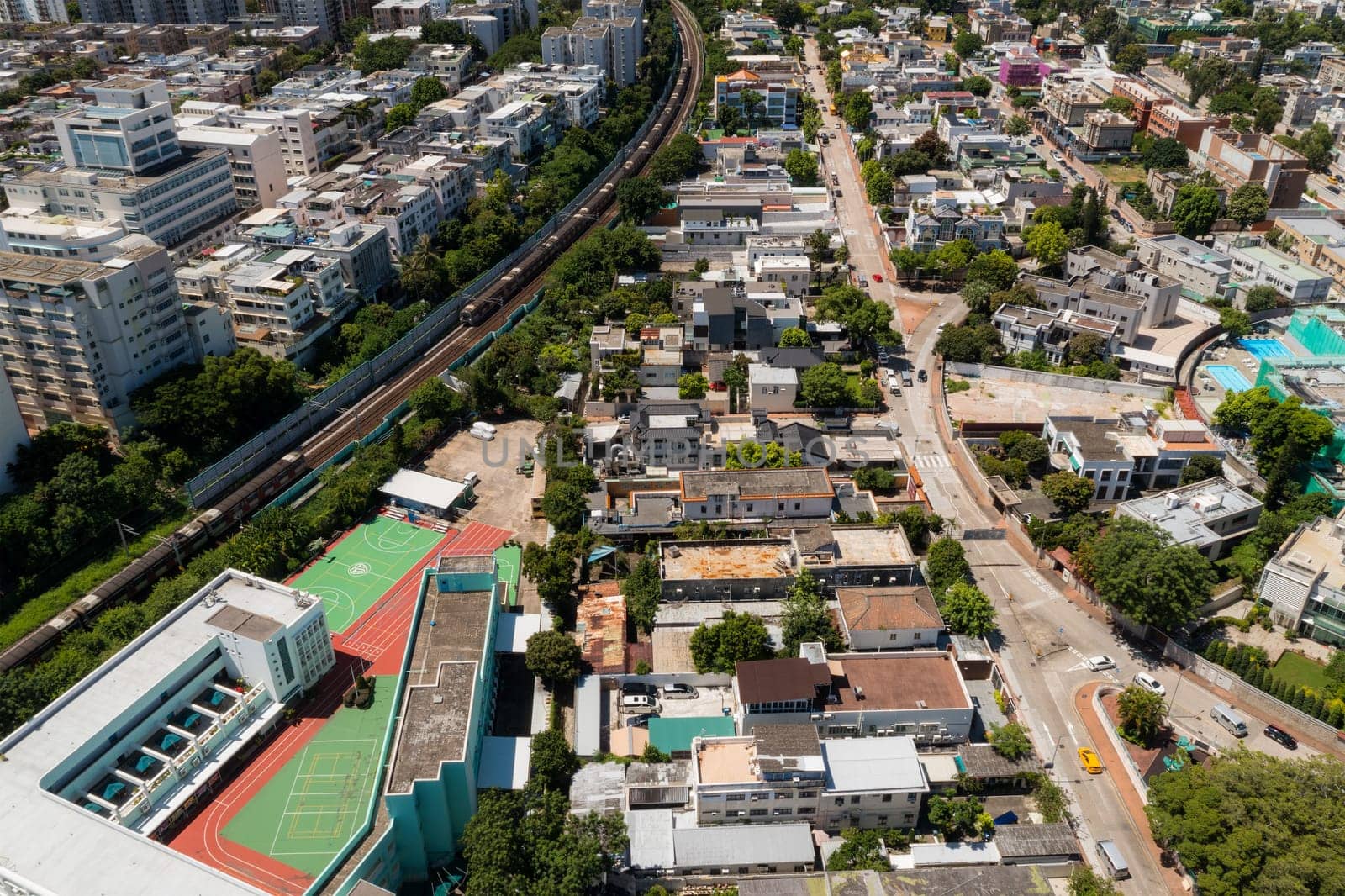 Kowloon Tong, Hong Kong 15 July 2021: Drone fly over Hong Kong kowloon district