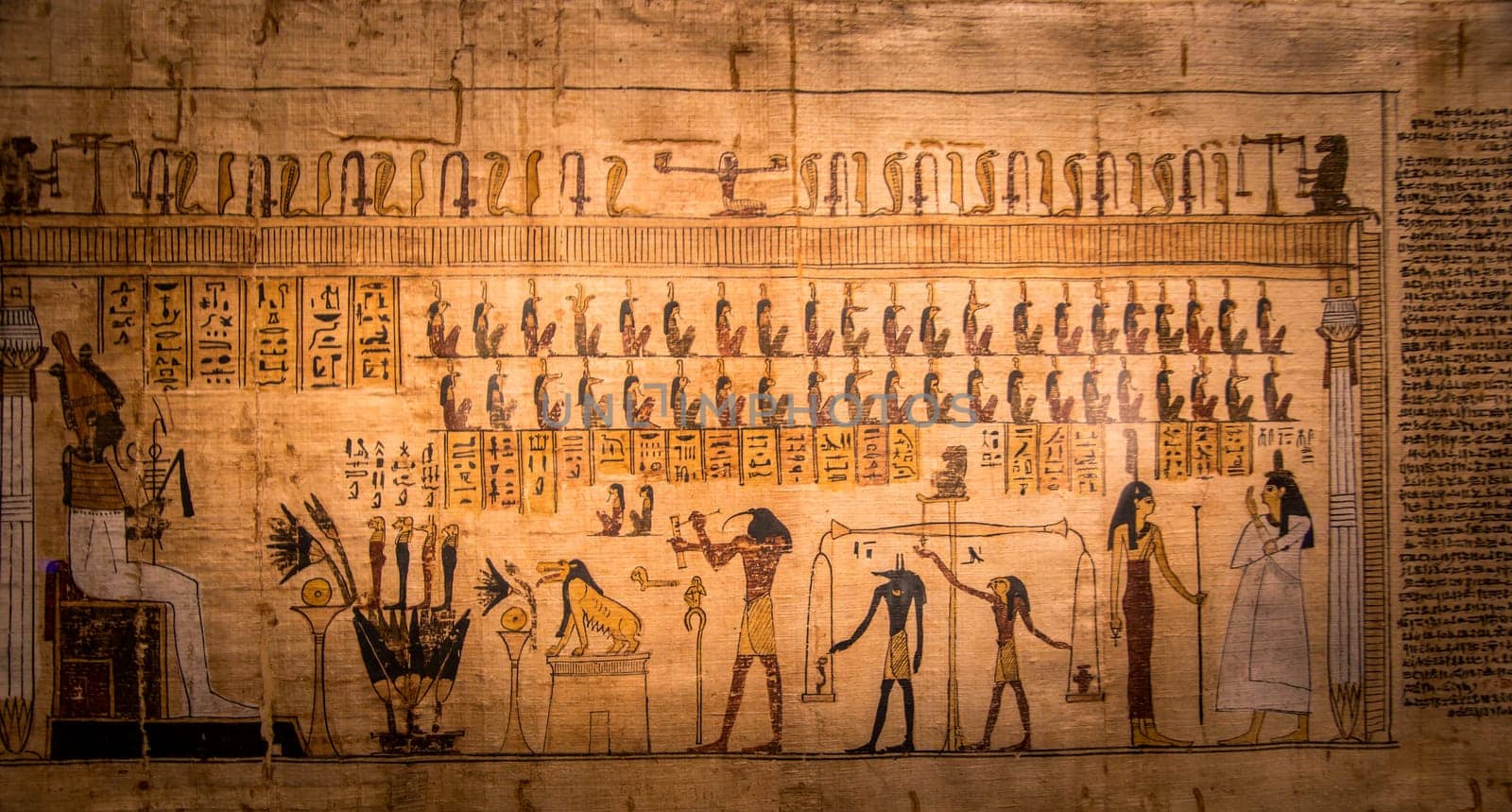 Turin, Italy - February 2023: Egyptian Museum. Detail of the Book of the Dead with funerary formulas and spells, papyrus, 330 BC