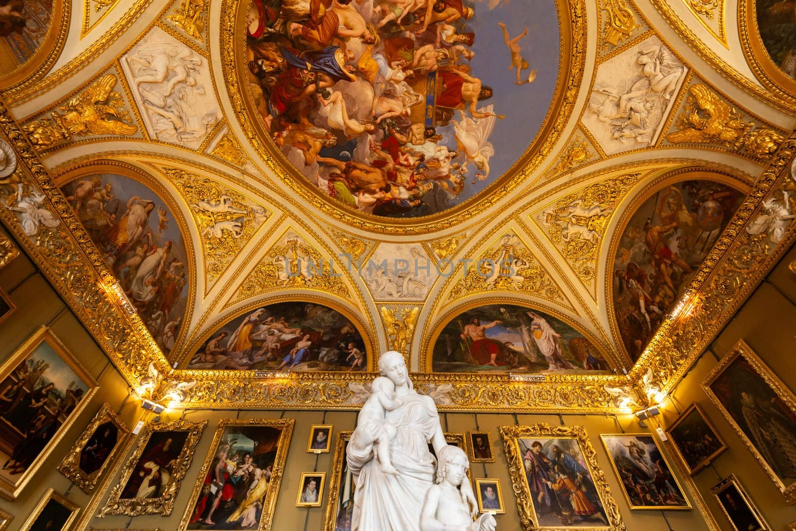 Florence, Italy - 29 June 2023: Palazzo Pitti - Pitti Palace travel destination - museum interior. Antique hall, Renaissance collection