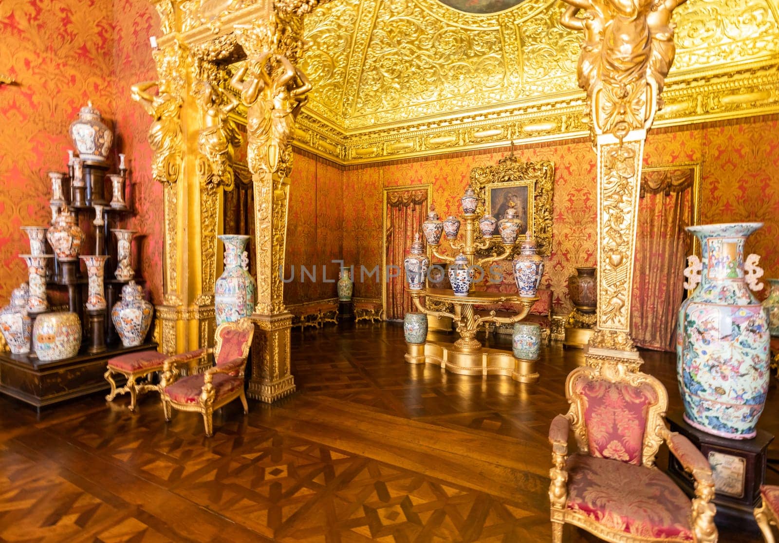 Turin, Italy - April, 2023: Royal Palace Chinese Cheramics Room. Luxury elegant ancient interior, circa 1860