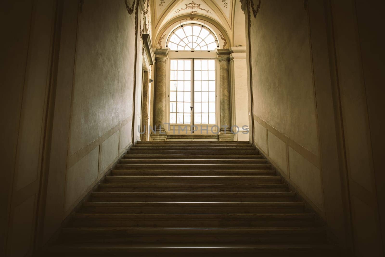 Ancient dark staircase - Grunge interior, nobody, empty building architecture, window