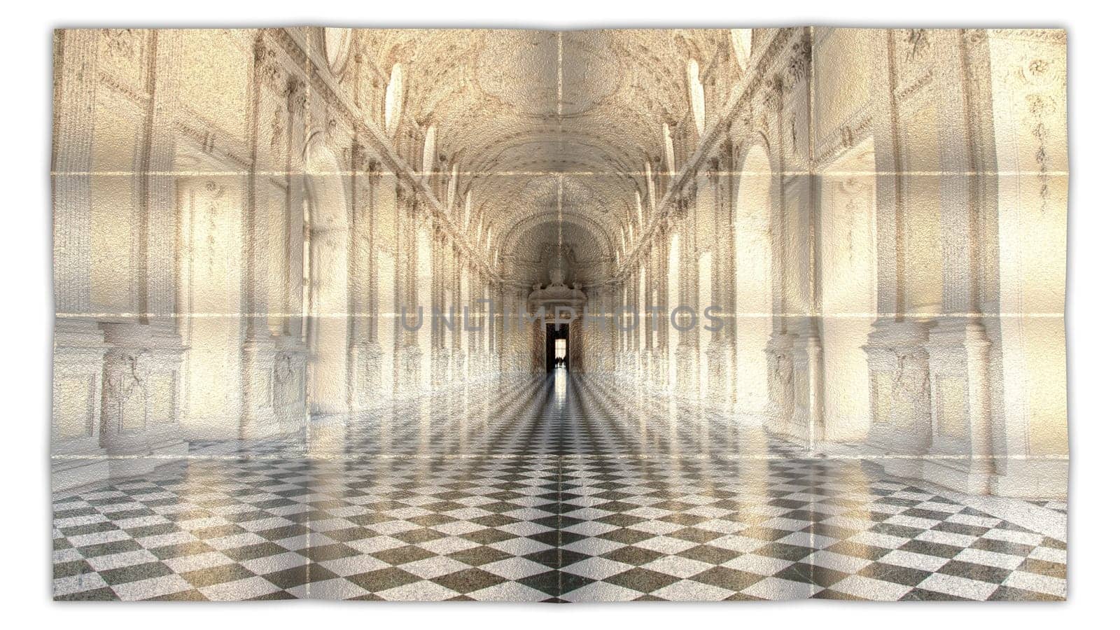 Creative picture of Reggia di Venaria Reale gallery - Italy. Luxury marbles in baroque Royal Palace