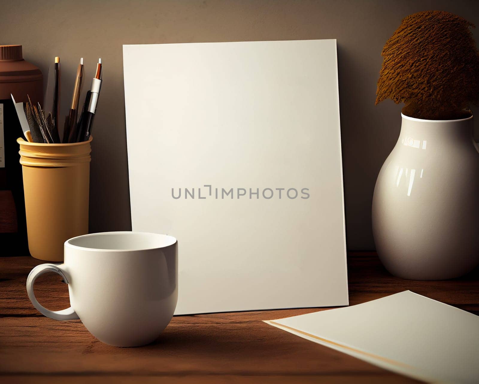 White paper mockup on wodden table with stationery