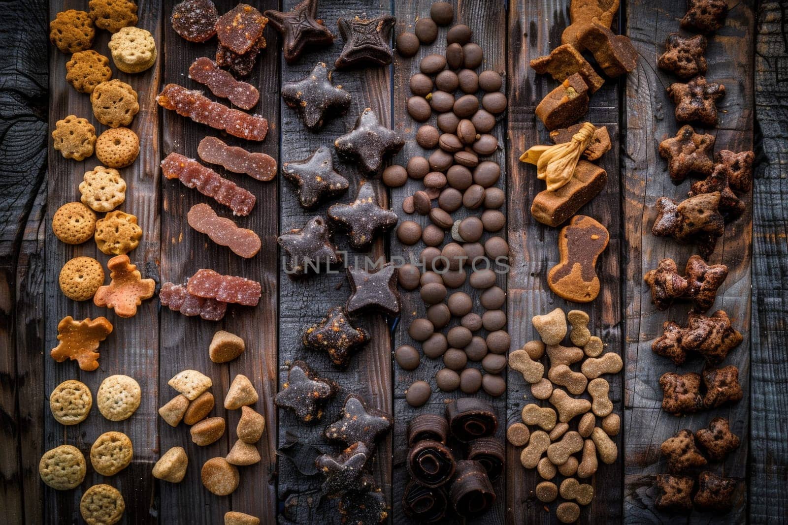 Artful display of various dog treats arranged in a tantalizing pattern on textured wood.