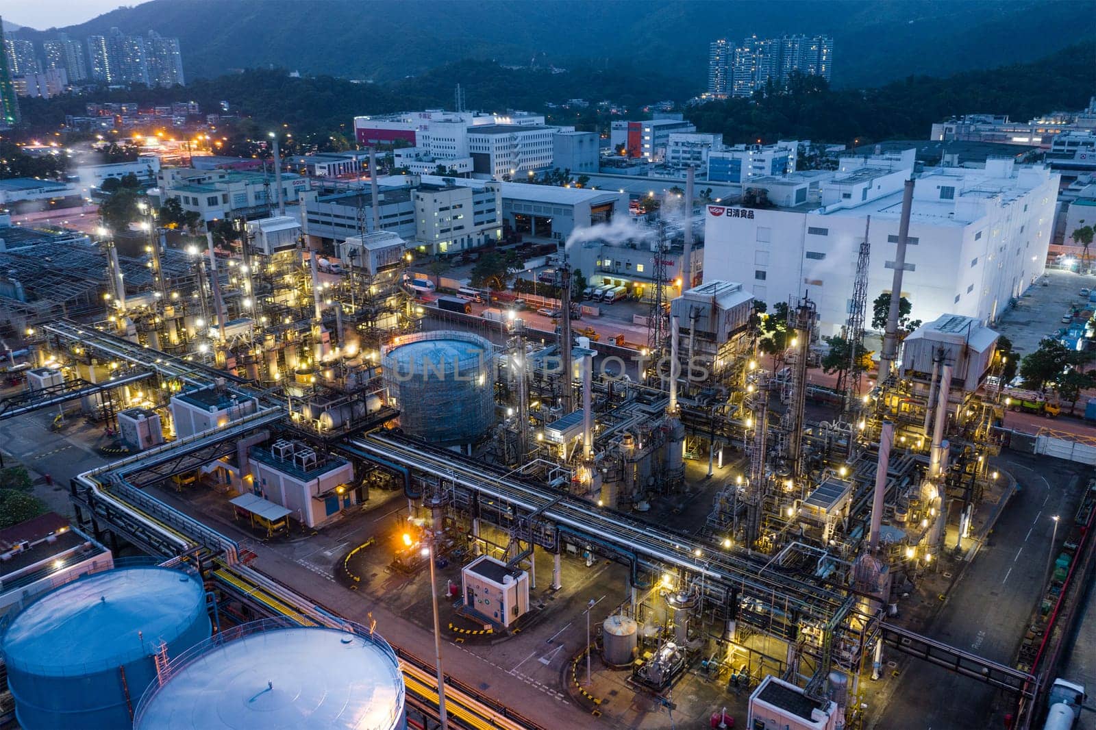 Tai Po, Hong Kong 20 May 2019: Top view of industrial factory in Hong Kong at night