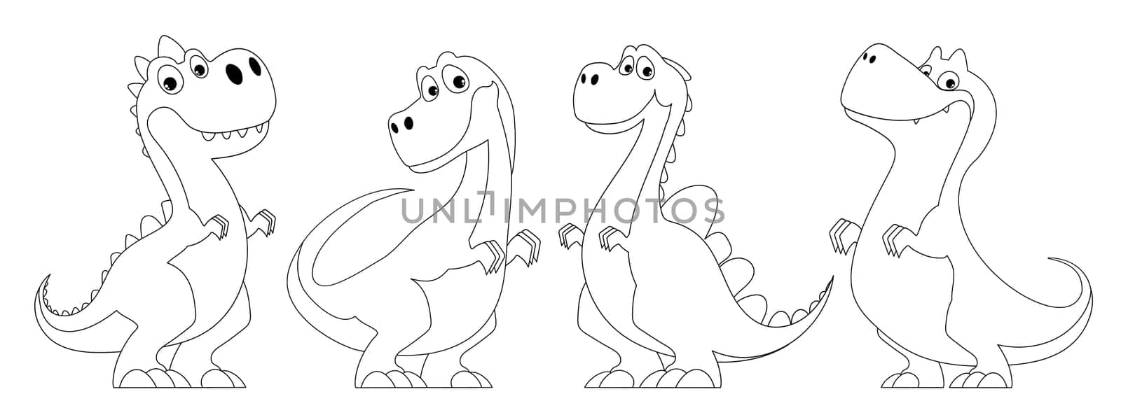 Set of cute dinosaurs, black lines coloring book. A funny and amusing dinosaur with a quirky look and yellow scales poses. Prehistoric, primitive animal depicted for children