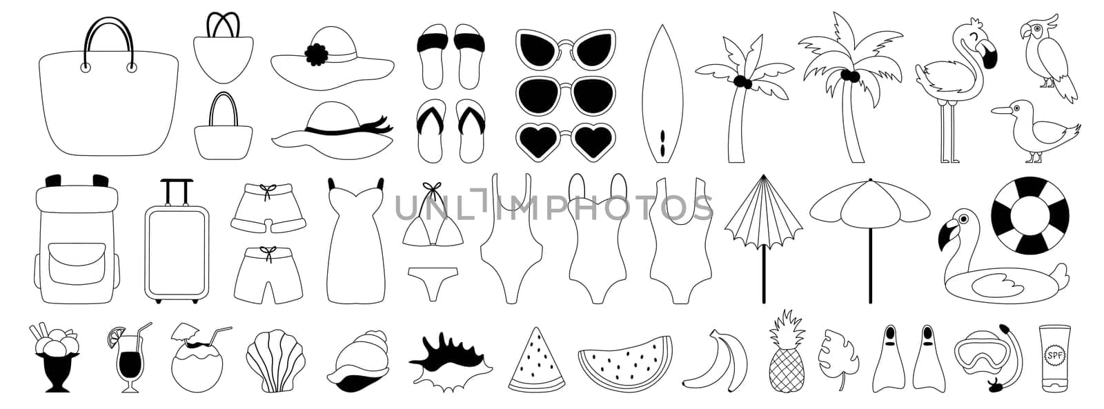 Large set of elements on the theme of summer, travel and vacation. Black line icons. Swimsuits, shells and summer drinks. Hats, sunglasses and bags for the beach.