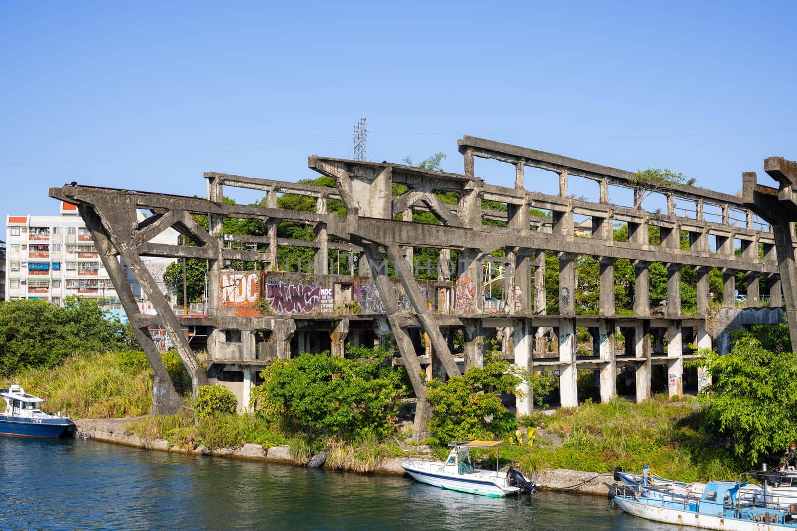 Keelung, Taiwan, 19 August 2022: Agenna Shipyard Relics in Keelung Zhengbin harbor