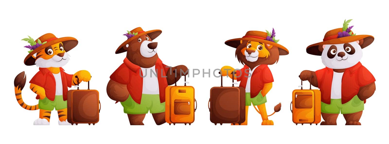 Set of cartoon animal travelers. A lion, Theme vacation, travel and summer.