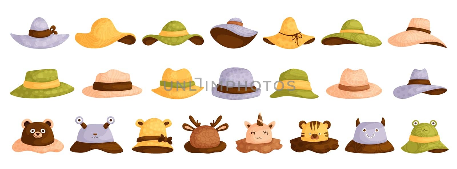 Cartoon hats. Female,male and kids headwear, derby and cowboy, straw hat Summer women vintage fashion hats vector set. Illustration female,male and Kids accessory hat.
