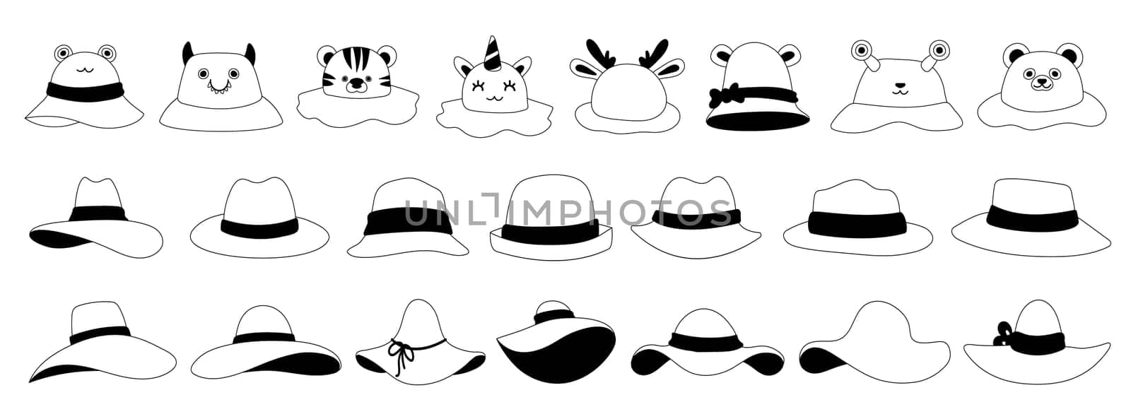 Black line icons.. Female,male and kids headwear, derby and cowboy, straw hat, panama. Summer women vintage fashion hats vector set.