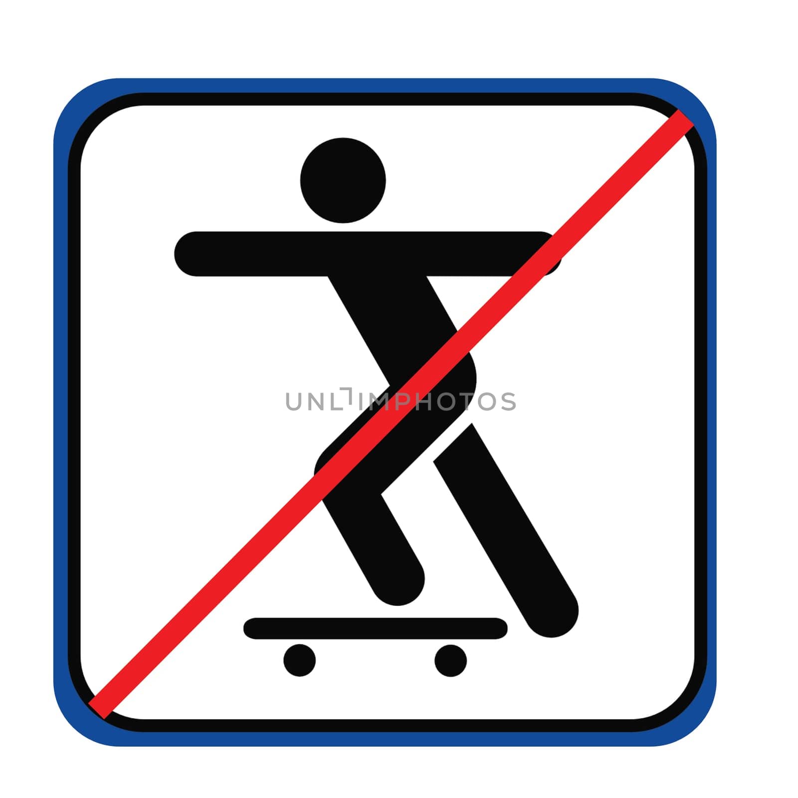 Prohibited skateboarding road sign on white background with blue outline