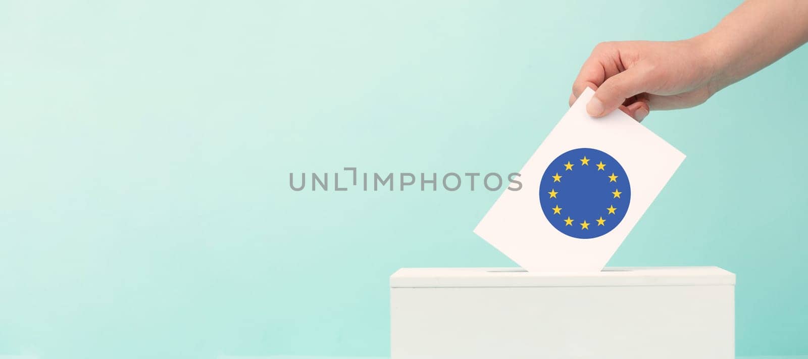 EU election, ballot box, european union flag, blue and yellow stars, citizens of Europe voting Parliament