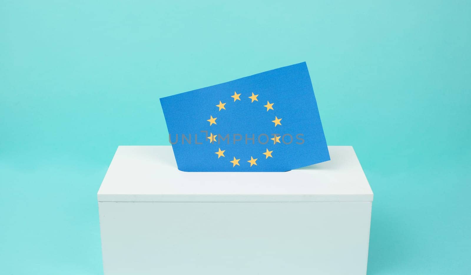 EU election, ballot box, european union flag, blue and yellow stars, citizens of Europe voting Parliament