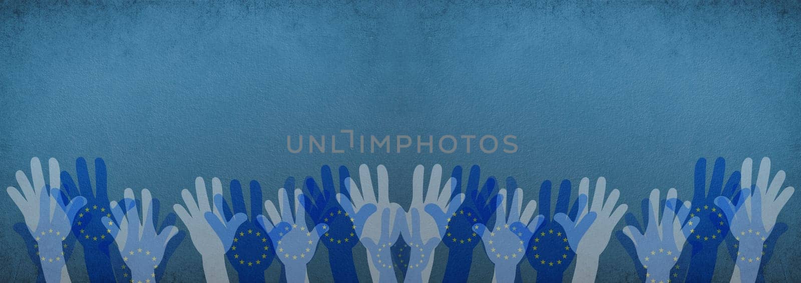 Hand of crowd, european union flag, citizen of Europe, people vote at election, protest of population, blue color, yellow stars