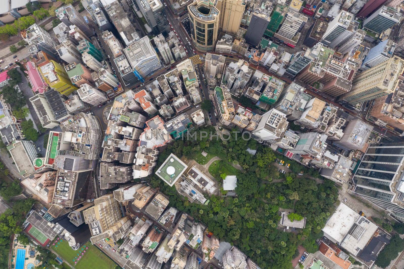 Tsim Sha Tsui East, Hong Kong 21 April 2019: Top view of Hong Kong downtown city