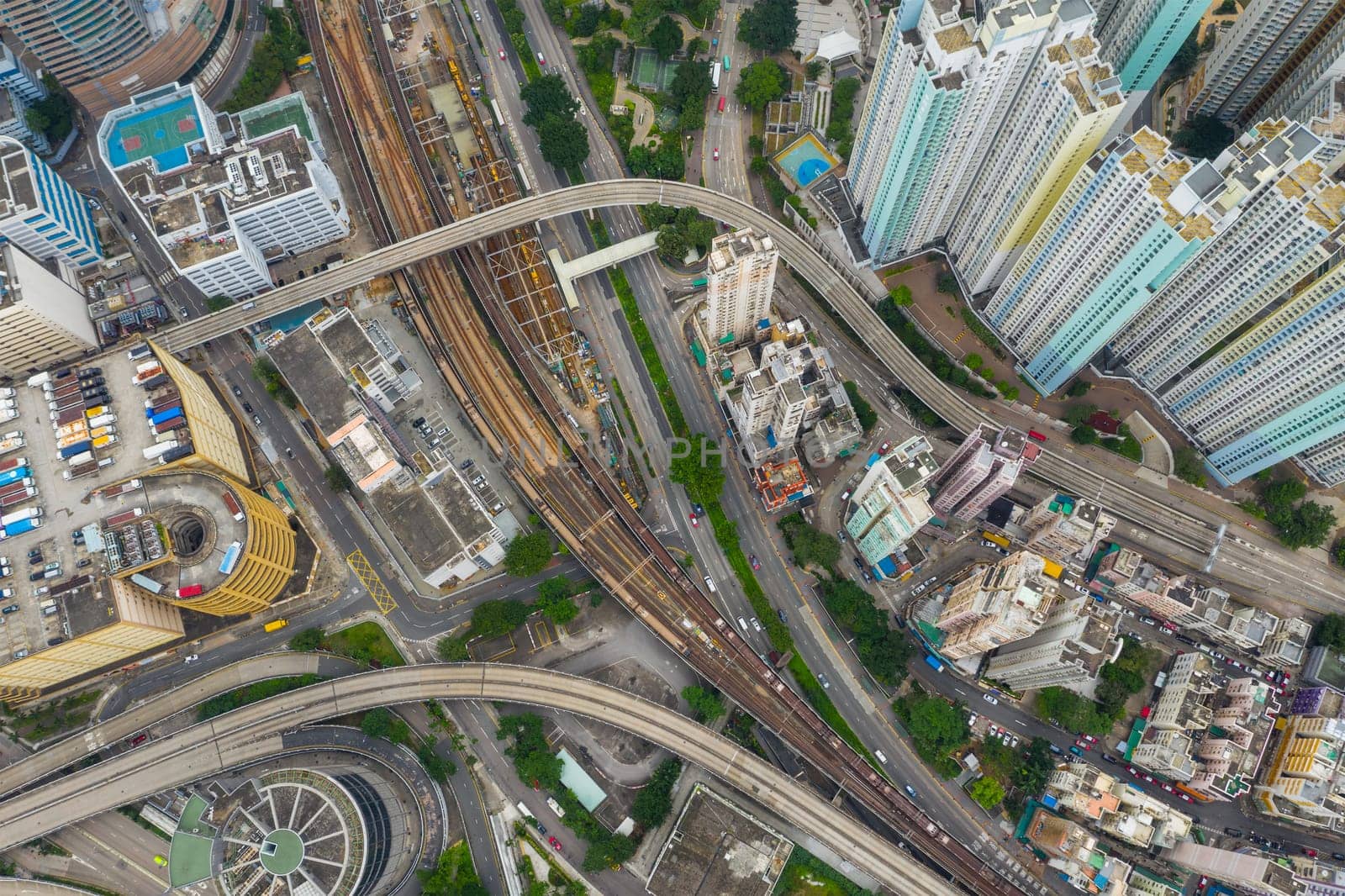 Kwun Tong, Hong Kong 02 June 2019: Top down view of Hong Kong traffic