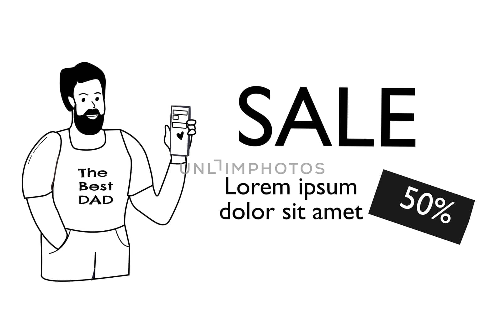 happy fathers day man with mobile phone doodle design, celebration banner for sale.