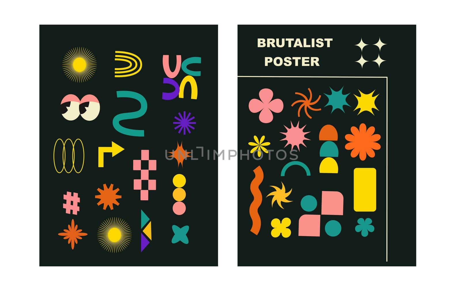 Brutalist posters set with naive playfull shapes and smile stickers. Retro abstract shapes backgrounds. Brutal contemporary figure circle oval wave patterns. Geometric posters in modern brutalist style.