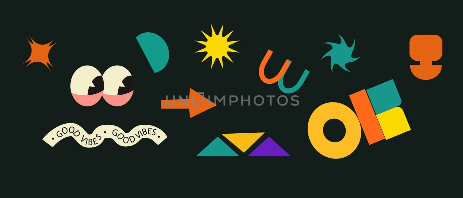 Set of stickers with naive playful abstract shapes. Circle, oval, rectangle, arched in the trendy retro style. Aesthetics background of brutalism. Vector illustration with wavy geometric elements.