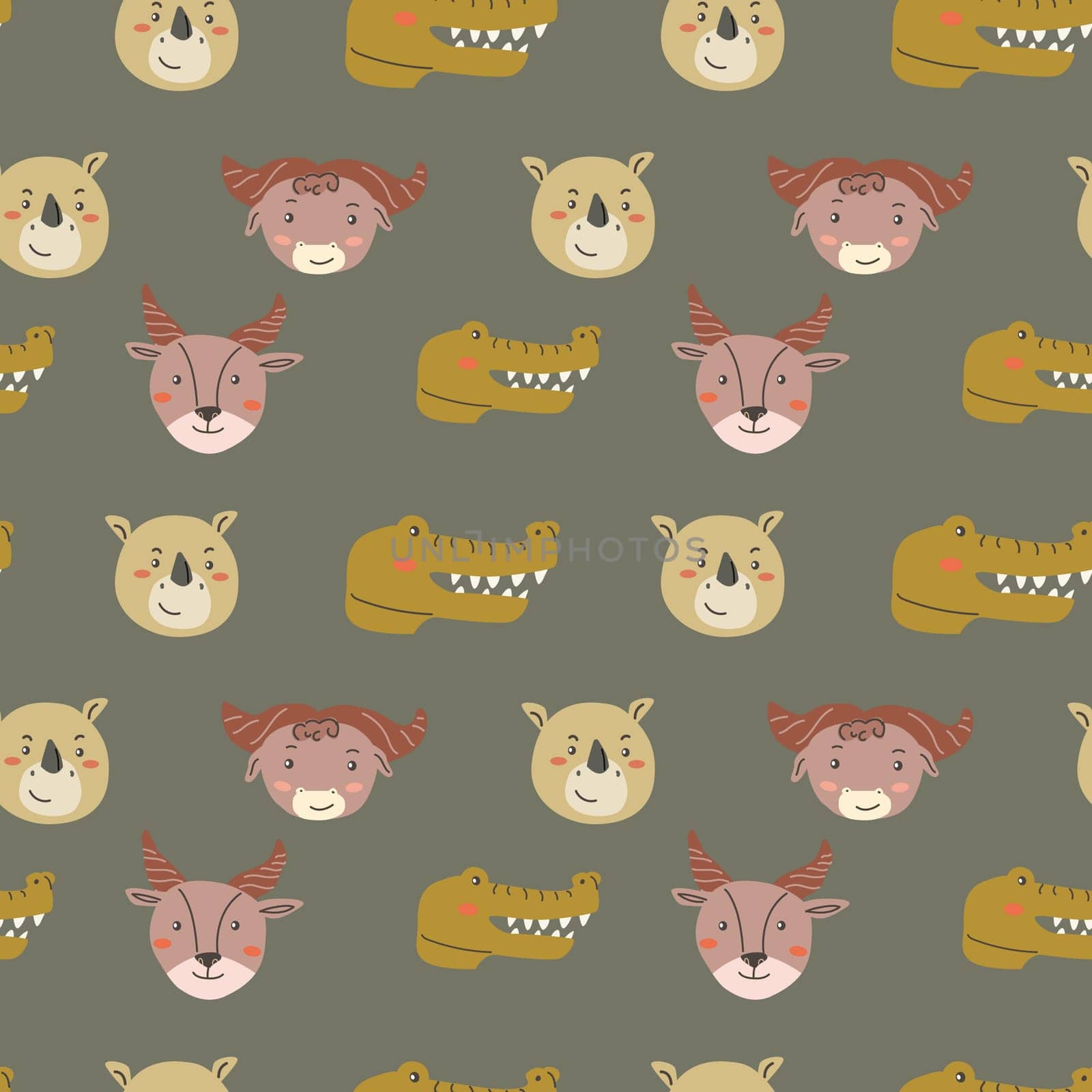 Wild african safari animals pattern in trendy scandinavian style. Cute childish print with tropical jungle portraits of animals.