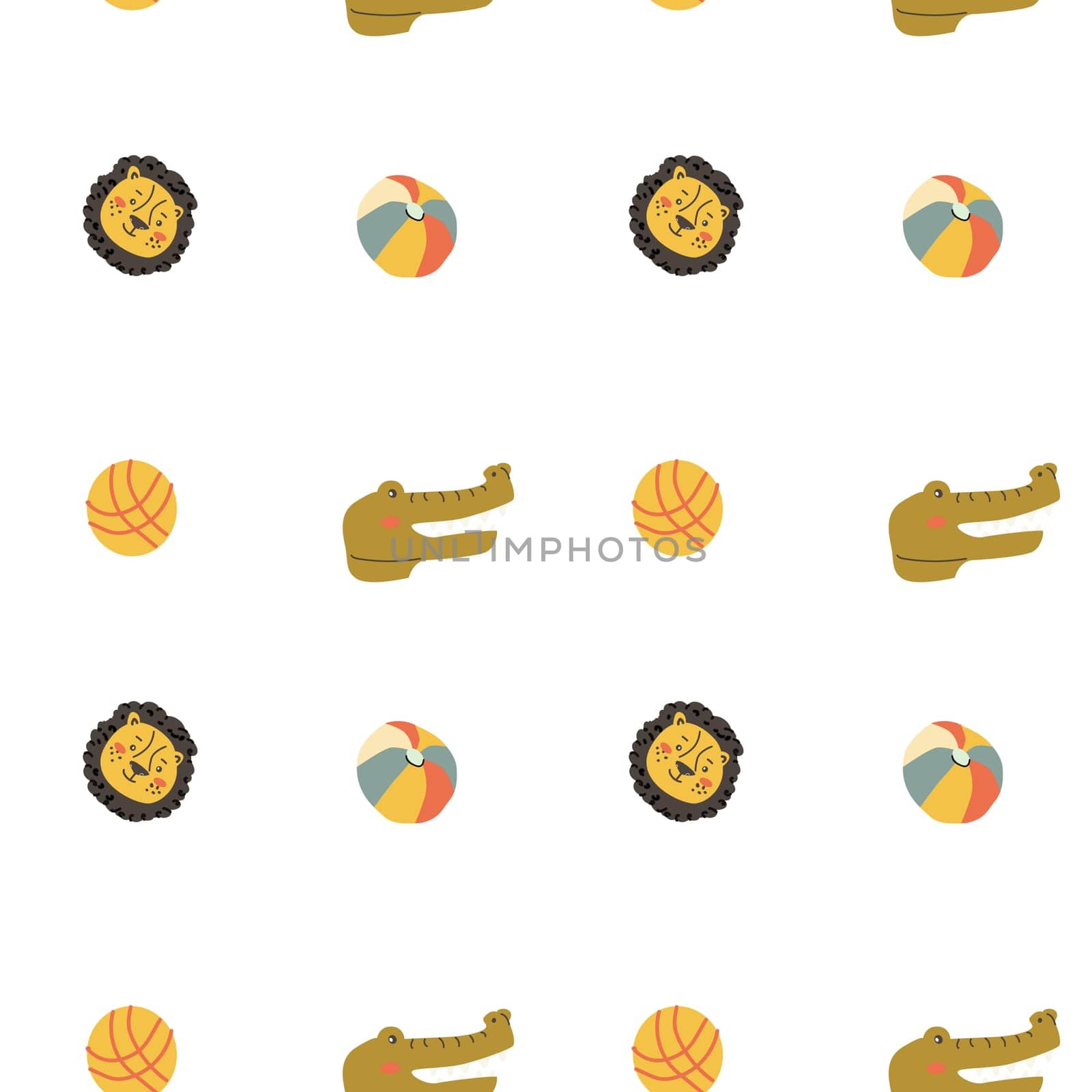 Wild african safari animals pattern in trendy scandinavian style. Cute childish print with tropical jungle portraits of animals and balls