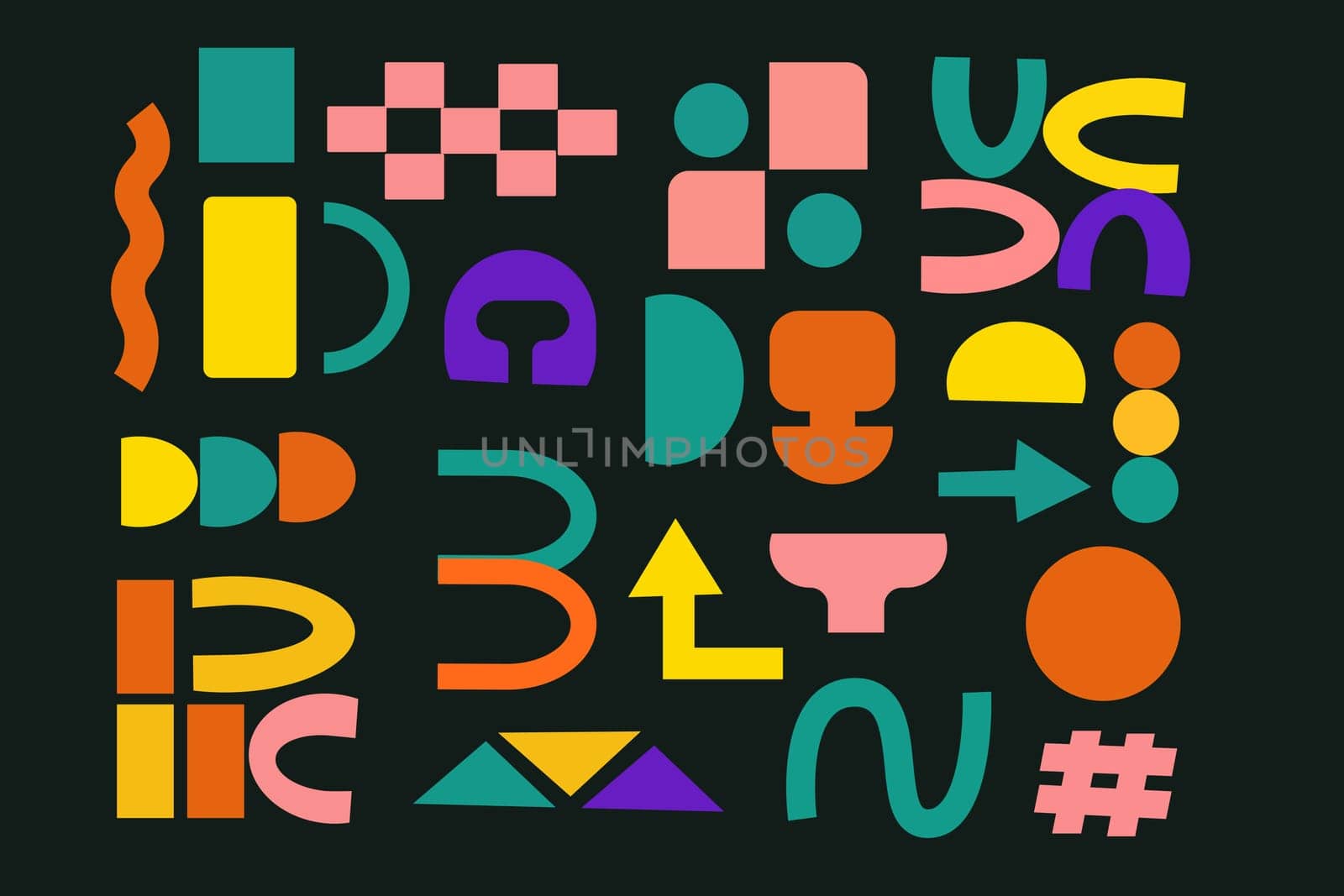 Set of stickers with naive playful abstract shapes. Circle, oval, rectangle, arched in the trendy retro style. Aesthetics background of brutalism. Vector illustration with wavy geometric elements.