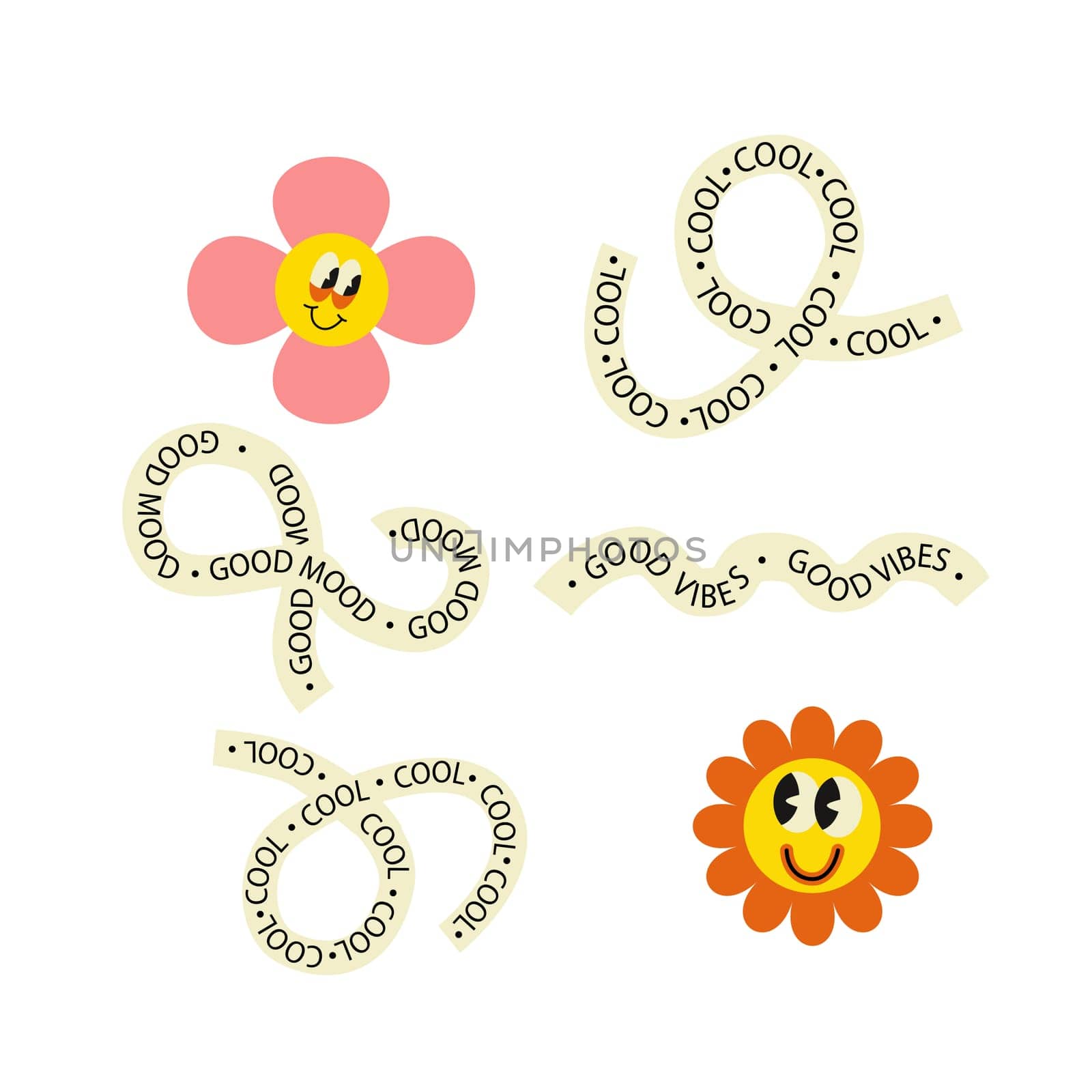 Set of stickers with naive playful abstract shapes. Circle, oval, rectangle, arched in the trendy retro style. Aesthetics background of brutalism. Vector illustration with wavy geometric elements.