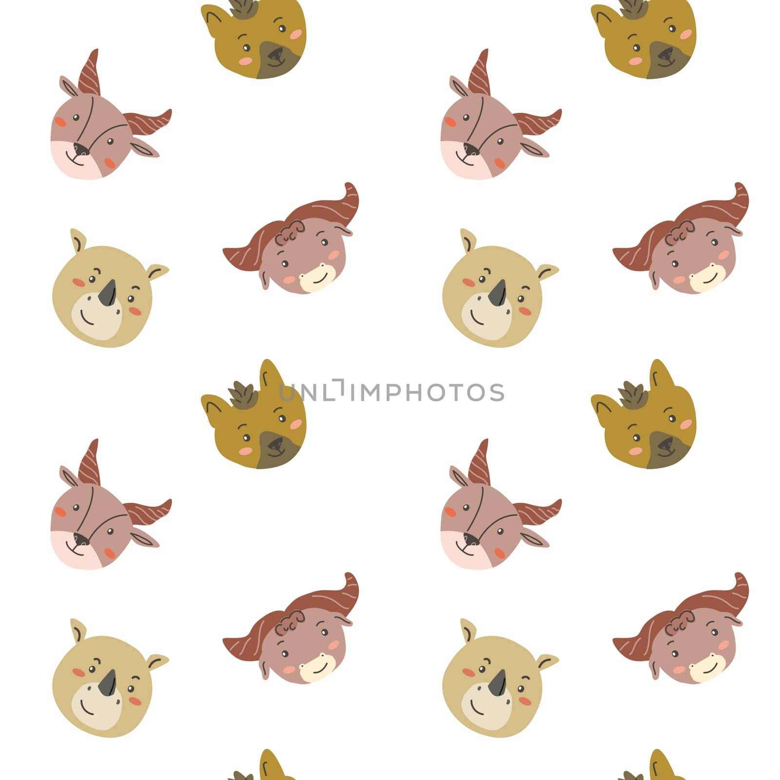 Wild african safari animals pattern in trendy scandinavian style. Cute childish print with tropical jungle portraits of animals.