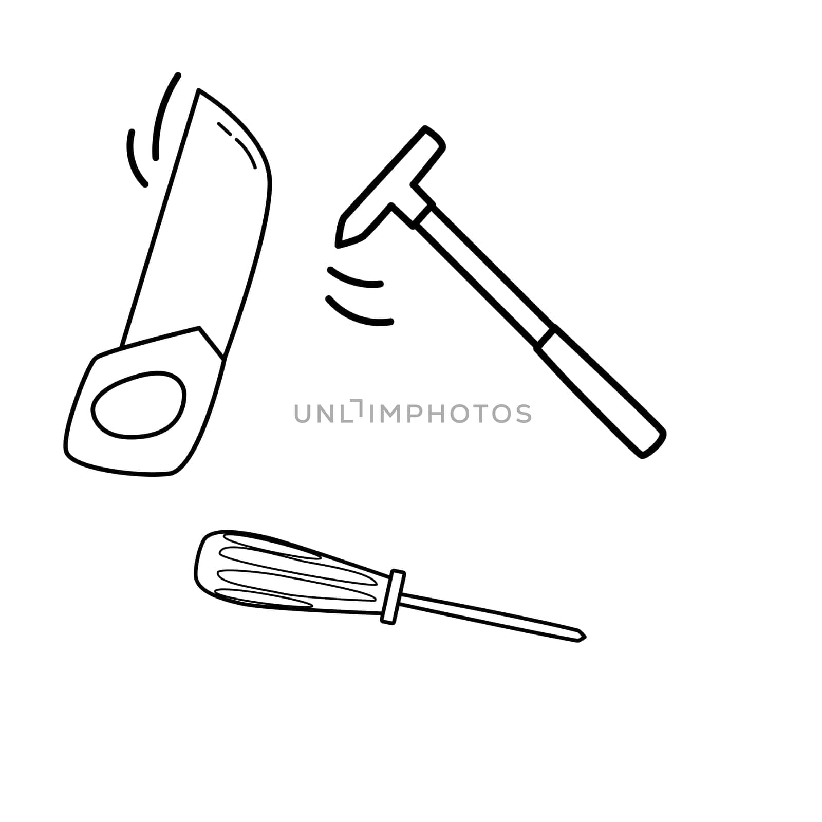 working Tools. Different instruments. Construction, Building, repair concept. Screwdriver, saw, scissors, wrench. Hand drawn Vector set. All elements are isolated