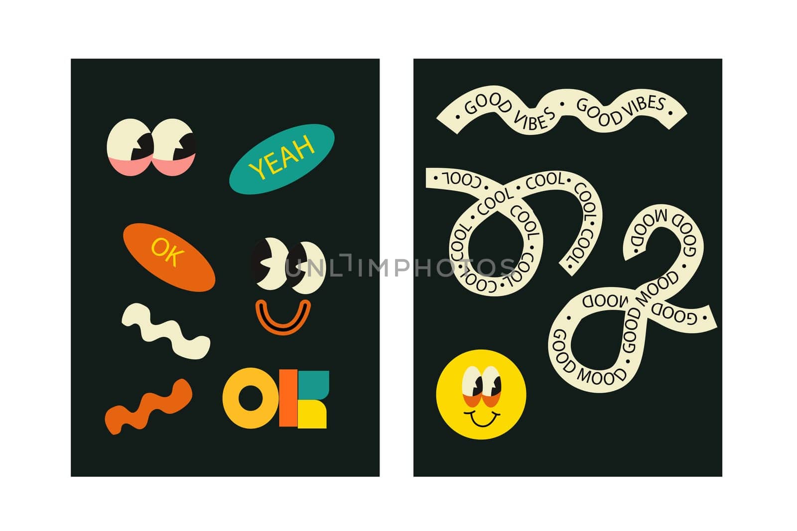 Brutalist posters set with naive playfull shapes and smile stickers. Retro abstract shapes backgrounds. Brutal contemporary figure circle oval wave patterns. Geometric posters in modern brutalist style.