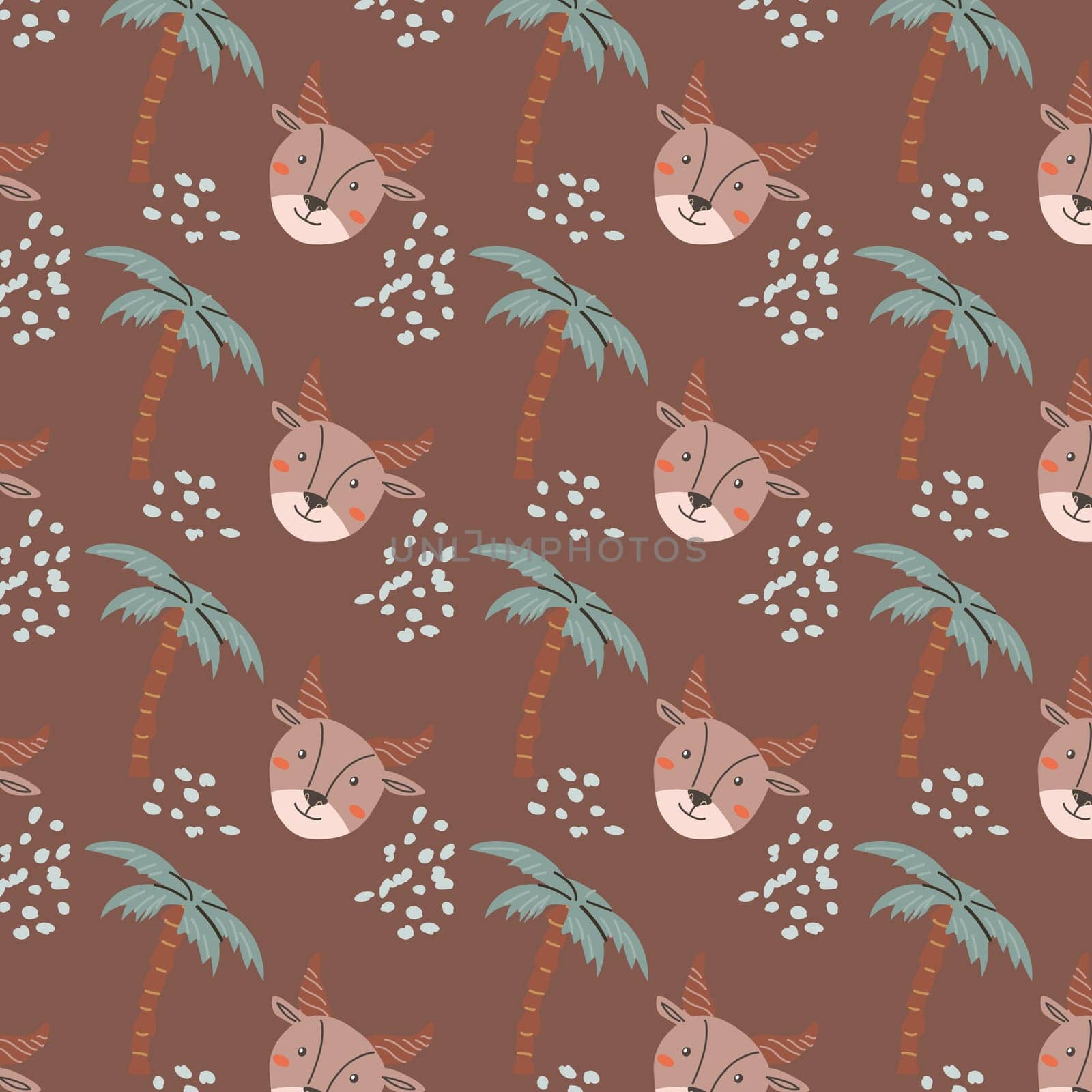 Wild african safari animals pattern in trendy scandinavian style. Cute childish print with tropical jungle portraits of animals.